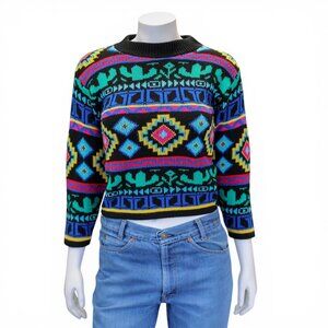 Vintage 80s Southwestern Geometric Print Cropped Sweater * Small
